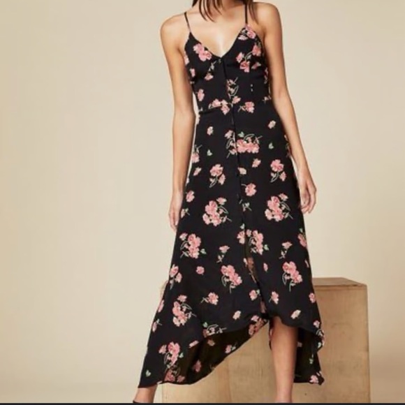 Reformation Dasha Black Dress with Pink Floral Design Midi Siz4